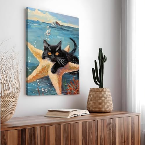 Framed Black Cat Ocean Wall Art, Cute Cat Holding Starfish Canvas Print, Funny Animal Lovers Sea Life Painting Picture for Bathroom Bedroom Kids Room Home Decor 12x16 Inch