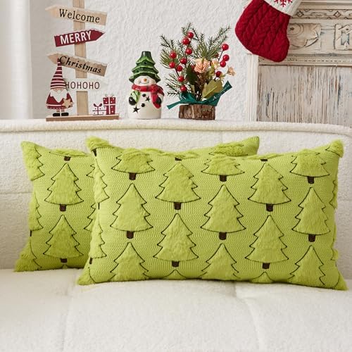 Kevin Textile Christmas Tree Pillow Covers 12x20 Inch Set of 2 Luxury Embroidery Soft Plush Faux Fur Lumbar Cushion Covers for Couch Sofa Holiday Festivals Winter Xmas Gift, Green