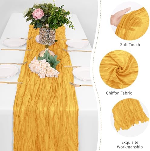 12 Pack Gold Cheesecloth Table Runner 17 x 108 Inch Gauze Table Runner Fabric Semi Sheer Cheese Cloth Table Decor Bulk for Rustic Romantic Wedding Baby Shower Table Decoration