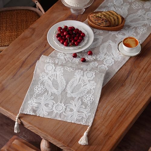 Embroidered Table Runner Boho Farmhouse Dresser Scarf, 14" x 56"