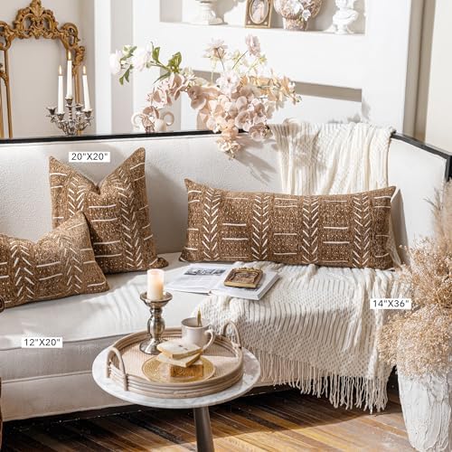BlissBlush Boho Lumbar Throw Pillow Cover 14X36, Brown Decorative Long Accent Body Lumbar Pillow for Bed, Farmhouse Woven Textured Lumbar Pillowcase for Couch (Cover ONLY)