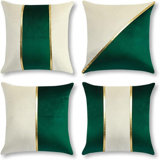 OTOSTAR Set of 4 Soft Velvet Throw Pillow Covers 18x18 Inch Modern Decorative Pillow Covers Gold Leather Striped Square Luxury Pillowcase Cushion Case for Couch Living Room Bed Sofa Home Decor (Green)