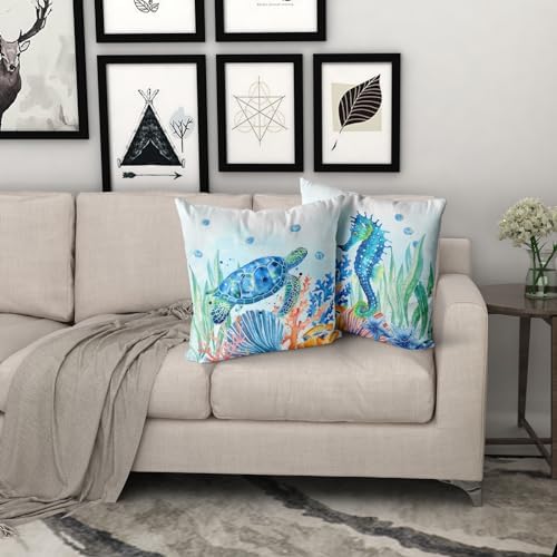 Giwawa Coastal Ocean Pillow Covers Set of 2, Sea Turtles Seahorse Decorative Throw Pillow Cases 20"x20", Watercolor Marine Animals Double Sided Square Cushion Covers for Sofa Couch Bed Car
