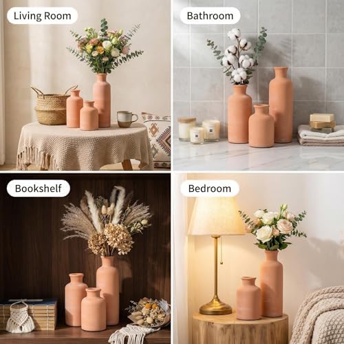 Vintage Ceramic Flower Vase Set of 3, Rustic Farmhouse Vase for Home Decor, Distressed Decorative Vase for Table Entryway Mantel Centerpiece Living Room Bathroom Bedroom (Terracotta)