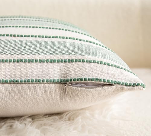 Cethom Decorative Boho Throw Pillow Covers, Farmhouse Textured Pillow Case, 18 x 18 Inch Set of 2, Chair Sofa Bedroom Living Room Home Decor Couch Cushion Case, Green and Beige Striped