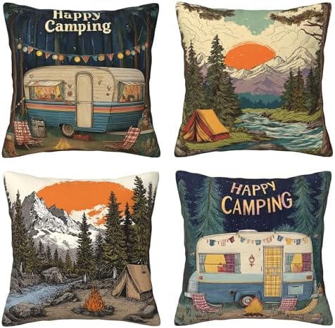 Camping Throw Pillow Covers Set of 4 Decorative Soft Double Sided Print Pillow Case Farmhouse Home Decor for Living Room Sofa Couch 18x18
