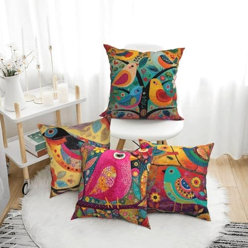 Colorful Bird Throw Pillow Covers Set of 4 Decorative Soft Double Sided Print Pillow Case Farmhouse Home Decor for Living Room Sofa Couch 18x18