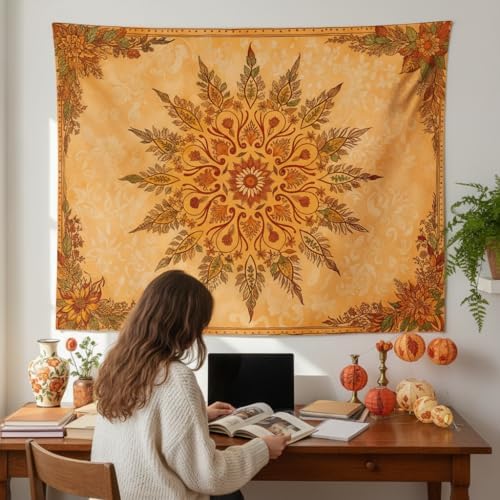 Accnicc Boho Mandala Floral Tapestry Vintage Bohemian Indian Tapestries for Bedroom Aesthetic Retro Orange Yellow Flower Small Tapestry Wall Hanging for Dorm Living Room Decor 48 x 36 Inch