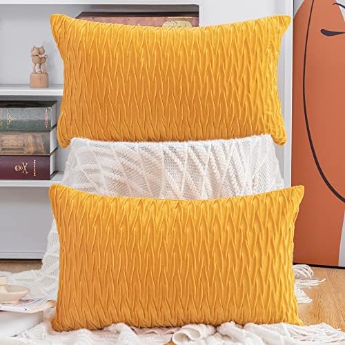 MADIZZ Set of 2 Super Soft Velvet Decorative Throw Pillow Covers 12x20 inch Yellow Rectangular with Texture Luxury Style Cushion Case Pillow Shell for Sofa Bedroom