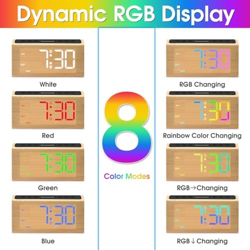 Cadmos Wooden Dynamic RGB Digital Alarm Clock for Bedroom,Dual Alarm with Large Numbers,Loud Adjustable Volume for Heavy Sleepers,Snooze,DST,Wood Decor,Bedside & Desk Use(Bamboo - RGB Digits)