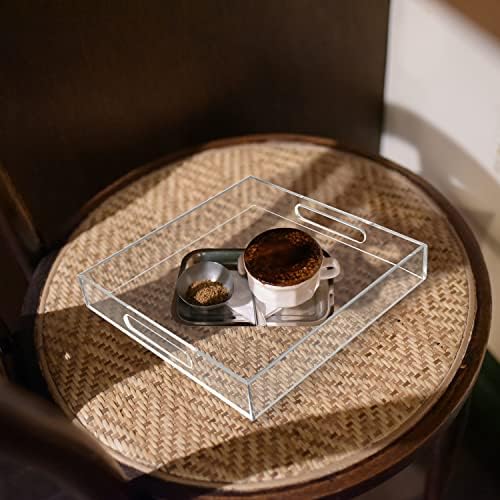 Acrylic Serving Tray (12x12x2Inch) with Handles -Spill Proof- Clear Decorative Tray for Appetizer,Breakfast -Countertop Organizer Storage Tray for Kitchen,Bathroom,Living Room