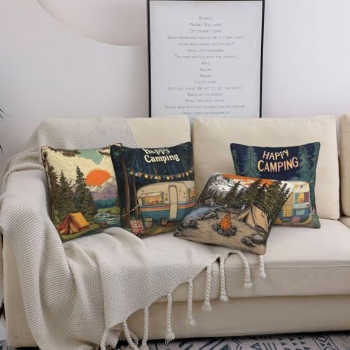 Camping Throw Pillow Covers Set of 4 Decorative Soft Double Sided Print Pillow Case Farmhouse Home Decor for Living Room Sofa Couch 18x18