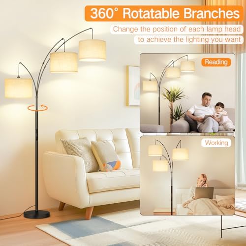 OUTON Arc LED Floor Lamp with Remote & Touch Control, Dimmable Modern Black 3 Light Arched Tall Floor Lamp, Mid Century Adjustable Standing Corner Lamps for Bedroom, Office, Living Room