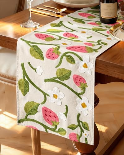 Canvas Embroidered Narrow 13"x 90" Table Runner, Pink Strawberry