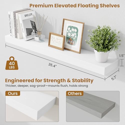 Fun Memories Floating Shelves for Room Wall, 36 Inch Long Shelf Set of 2， Hanging Wood Shelves for Storage & Display, White