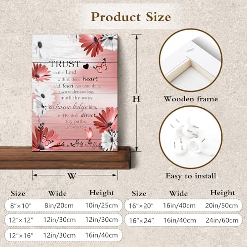 LB Country Bible Verse Wall Art for Bathroom Red Floral on Retro Grey Wood Canvas Wall Art Wall Paintings Home Decor Butterfly Wall Pictures for Living Room Bedroom Office Ready To Hang,12x12 Inch