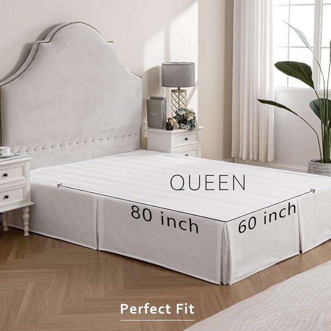 MIYE Pleated Waffle Weave Bed Skirt, Tailored Dust Ruffle 18 Inch Drop Easy Fit, Machine Washable, No Split Corners (White, Queen - 18" Drop)