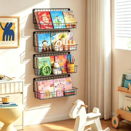 X-cosrack 4-Pack Wall Mounted Metal Kids Bookshelf, Floating Book Shelves for Kids Nursery Toddler Classroom, Hanging Book Shelf Organizer for Room Decor, Black