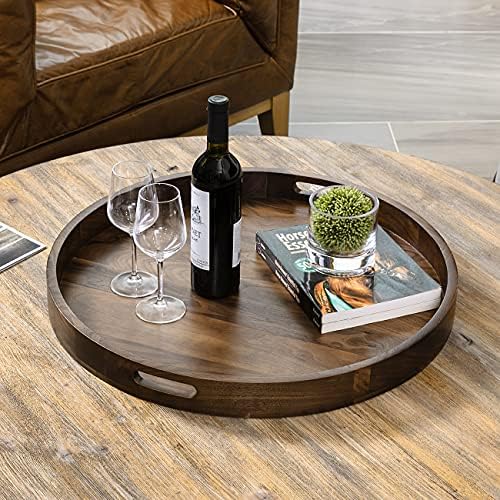 24" Round XL Handmade Black Walnut Wood Ottoman Tray with Handle