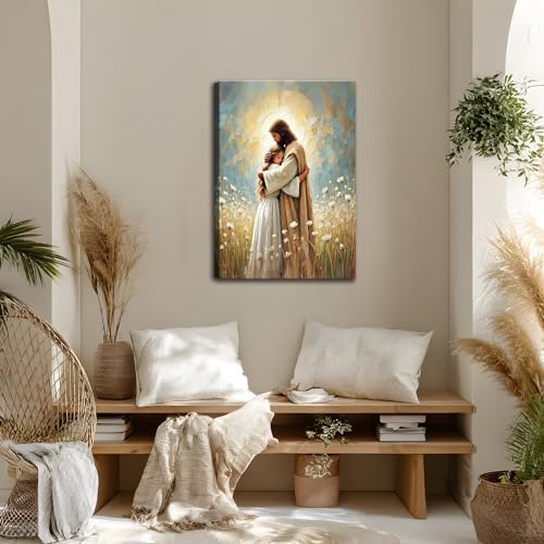 Jesus Embracing Woman Wall Art Jesus and Woman Pictures Wall Decor Christ Religious Painting Prints Christian Healing Artwork Home Decor for Bedroom Living Room Church 16X24 Inch Ready to Hang