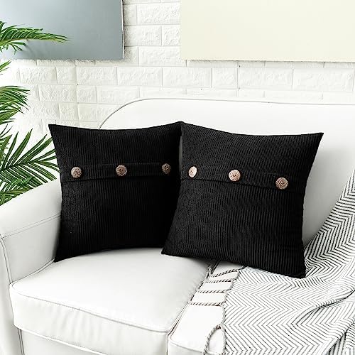 HWY 50 Black Chenille Throw Pillow Covers 16x16 Inch Buttons Pack of 2