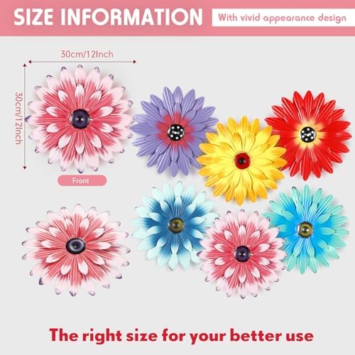 Zhehao 6 Pcs Metal Flower Wall Art Decor 12 Inch Sunflower Wall Decorations Hanging Outdoor Art Multicolored Handmade Metal Flowers Outdoor Decor(Cute Color)