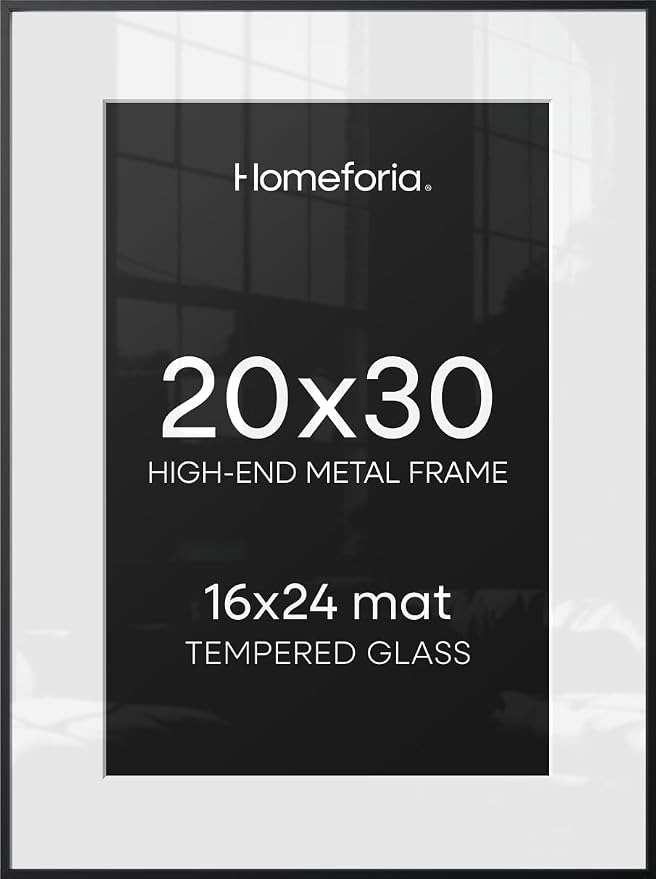 Homeforia 20x30 Black Picture Frame, High-End Metal, 16x24 Mat, Glass
