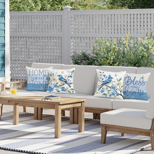 Bonhause Spring Summer Blue Bird Floral Throw Pillow Covers 16 x 16 Inch Flowers Leaves Branch Home Sweet Home Soft Velvet Decorative Cushion Case for Outdoor Patio Sofa Couch Set of 4