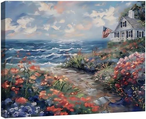 Patriotic Coastal Landscape Framed Canvas Wall Art, Vintage American Flag Canvas Print, Perfect 4th of July Holiday Decor for Living Room, Bedroom, Office and Home Decoration, Made USA