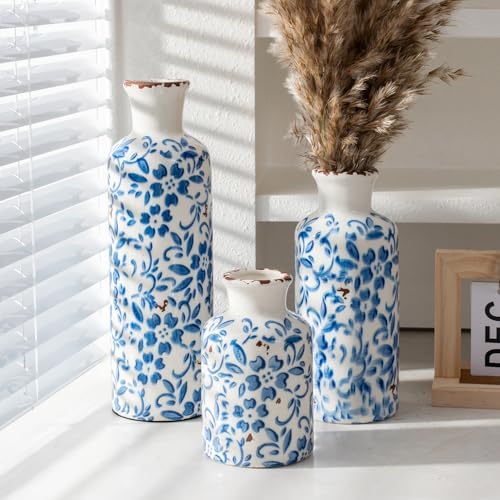 Vintage Ceramic Flower Vase Set of 3, Rustic Farmhouse Vase for Home Decor, Distressed Decorative Vase for Table Entryway Mantel Centerpiece Living Room Bathroom Bedroom (Crackle Blue & White)