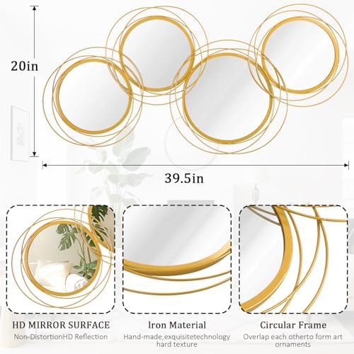 Golden Circle Mirror Set, 4 PCS Wall Metal Framed Round Mirror Modern Glass Decorative Mirrors 20x40 Inch for Living Room Bedroom Bathroom Entryway Home Decor