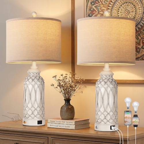 WIHTU 26.5'' White Resin Table Lamps, Touch Desk Lamps with USB Ports