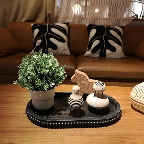Hrastany Vintage Black Oval Wood Decorative Ottoman Tray for Coffee Table