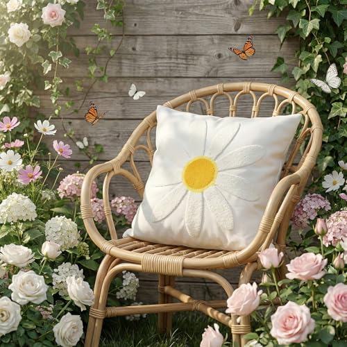GEEORY 2-Pack 20x20 Inch Daisy Embroidered Cotton Pillow Cover | Farmhouse Spring Summer Home Decor | Durable Canvas Cushion Case for Living Room, Sofa & Bed
