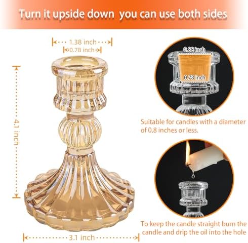Amber Glass Candlestick Holders, Taper Candle Holders, Set of 6