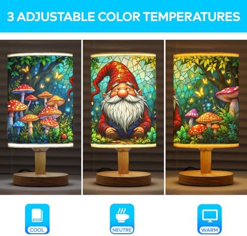 Gnome Table Lamp LED 3-Color Pressed Bedside, Gnome Shade Lamp with Wood Base for Bedroom Living Room Desk Office TL01