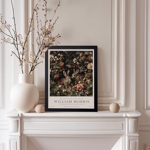 Monem Art William Morris Poster - Bunny Couple & Botanical Print - Exhibition Art - Farmhouse Decor - Aesthetic Living Room Decor - 8x10 Black Framed