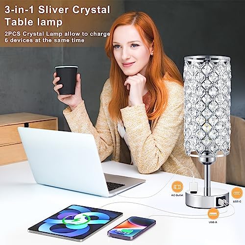 Silver Crystal Lamps Set of 2, 3-Way Dimmable Touch Lamps for Nightstand