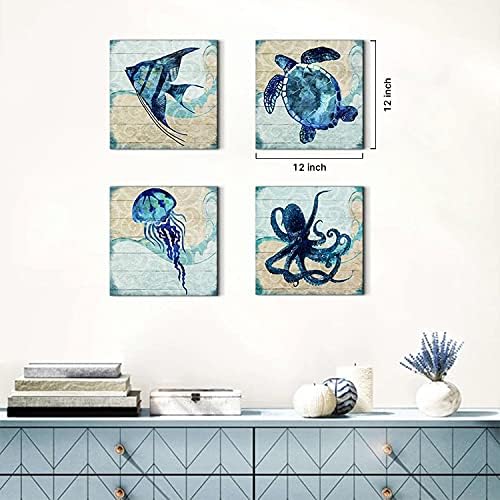 Teal Ocean Animal Bathroom Wall Decor Aqua Blue Octopus Turtle Wall Art Sea Fish Angelfish Canvas Print Mediterranean Style Painting Pictures Artwork Nursery Kids Bedroom Home Decorations 24x24” 4Pcs