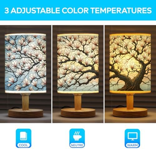 Magnolia Table Lamp LED 3-Color Pressed Bedside, Magnolia Shade Lamp with Wood Base for Bedroom Living Room Desk Office TL01