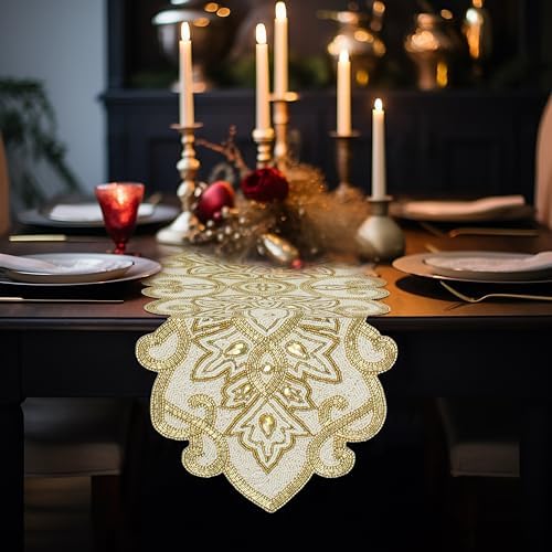 COTTON CRAFT Handmade Beaded Table Runner - 13x36 inches - Ivory & Gold
