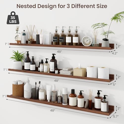 Axeman Picture Ledge Shelf, 48 Inch Walnut Floating Shelves Set of 3