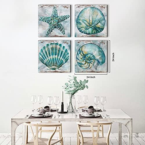Teal Conch Canvas Wall Art Bathroom Decor Rustic Beach Watercolor Aqua Starfish Prints Pictures Vintage Shell Laundry Painting Poster 4 Pcs Set Modern Beach Theme Bedroom Framed Artwork 24 x 24 Inches