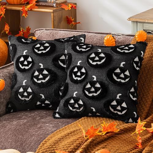 Black Halloween Pumpkin Fall Throw Pillow Covers 20"x20" Set of 2 Soft Faux Fur Ghost Pillow Covers for Couch Sofa Bed, Cute Autumn Farmhouse Cushion Case for Holiday Home Living Room Decor