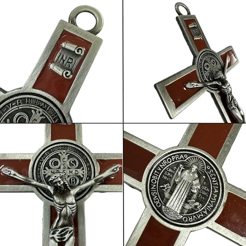 BONITTER Antique Silver Crucifix Wall Cross-St. Benedict Metal Wall Art-5.0 InchX2.7 Inch Black White Brown Enamel Give Blessing and The Spiritual Sacred:Faith Gift for your Acquaintances (Brown)