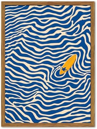 Framed Blue Coastal Surfboard Wall Art, Abstract Beach Surf Pictures Wall Decor, Summer Ocean Wave Paintings Canvas Prints Beachy Home Decor for Bathroom Bedroom Living Room 12x16 inch