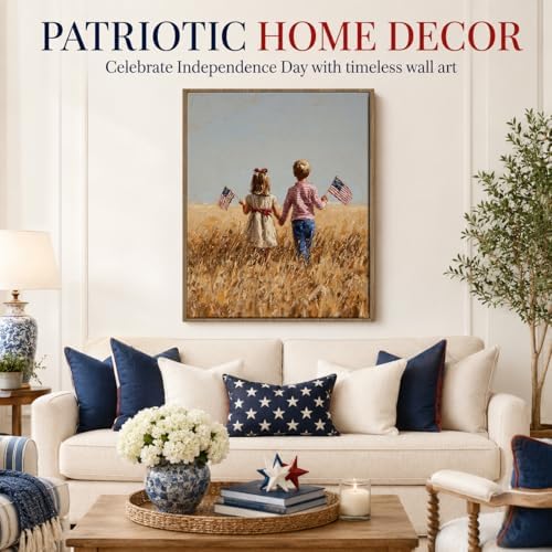 American Flag Framed Canvas Wall Art, 4th of July Patriotic Canvas Prints | Boy Holding USA Flag Poster Print, Modern Independence Day Wall Decor for Living Room Kids Room Dining Room Office 20×24in