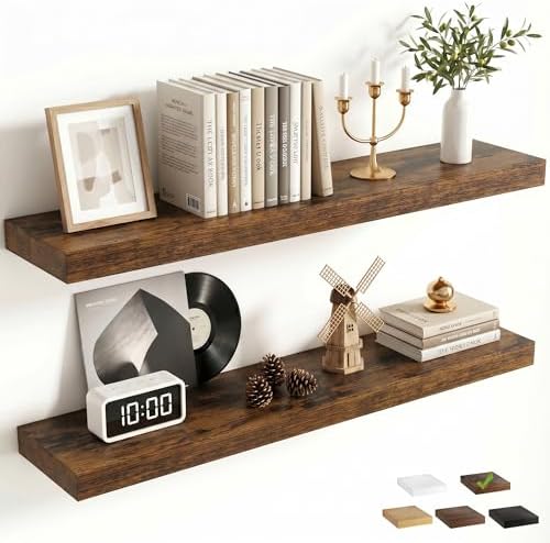 FLYJOE 32 Inch Floating Shelves for Wall Set of 2, 6.5" D Wood Grain Bathroom Shelves with Invisible Brackets, Easy Install Engineered Wood Storage Shelves for Kitchen, Living Room, Bedroom