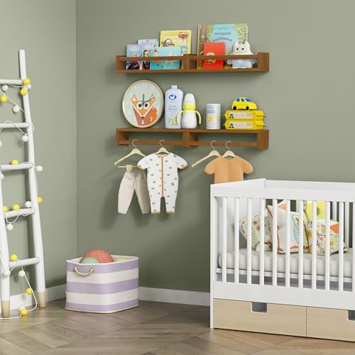 Forbena Dark Wood Nursery Kids Bookshelf Wall Mounted, Wooden Floating Nursery Book Shelves for Wall, Hanging Kids Bookshelves for Toddler Baby Room Bedroom Bathroom (Solid Pine, Walnut Brown, 4 Pack)