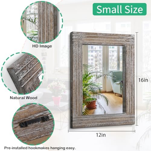 Rustic Wood Framed Wall Mirror Farmhouse Rectanglular Vintage Antique Decor Hanging Mirror for Bathroom Bedroom Living Room Entryway Small